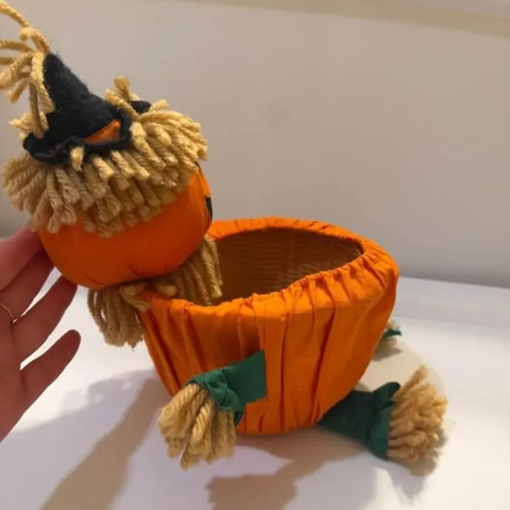 Vintage Pumpkin Scarecrow Wicker Candy Basket Halloween Decor Bowl Y2K Cozy Prim